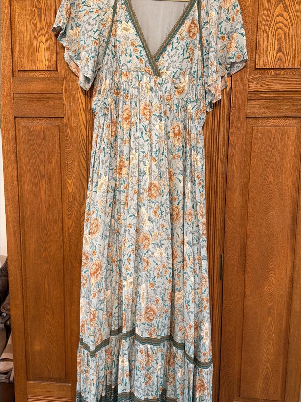 Boho Floral V-Neck Maxi Dress in Light Blue and Peach